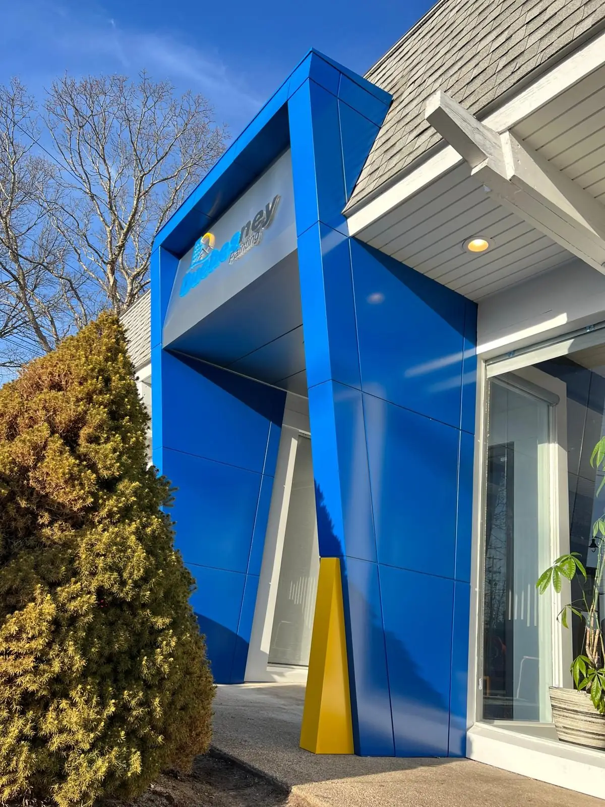 Side view of the blue ACM entrance portal, Hyannis